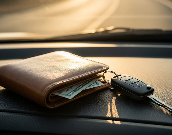 Car keys and wallet on dashboard