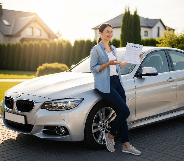 Happy driver leaning against car