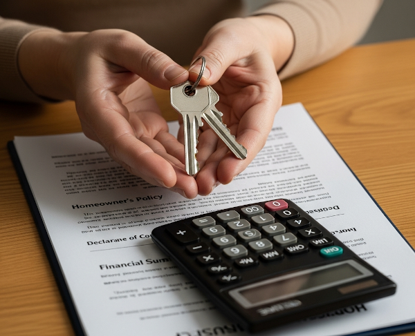 Homeowner holding keys with insurance documents