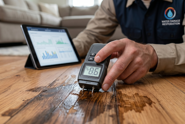 Water damage restoration specialist checking moisture levels