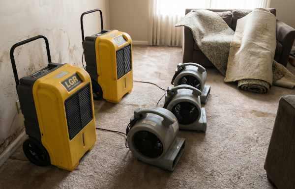 Industrial fans drying a flooded room